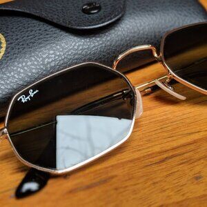 Ray-Ban RB3556N  Octagonal Gold Flat Lens 53" Sunglasses